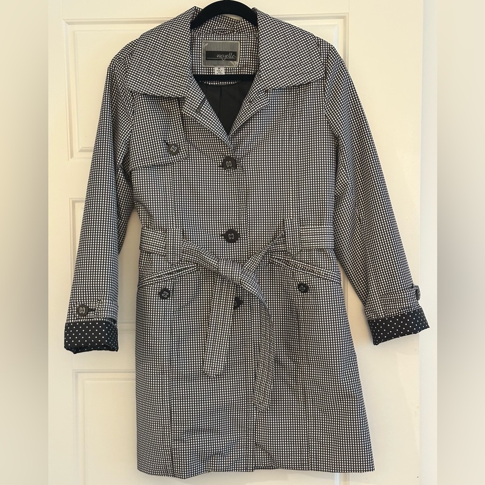 Neyelle Vintage  Black and White Trench Coat with polka dot sleeve accent. Med